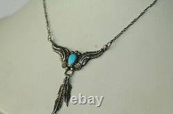 Vtg Sterling Marked C Yazzie Turquoise Navajo Leaf Feather Necklace Fnc