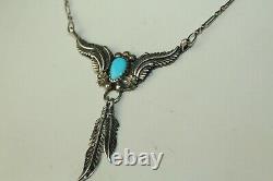 Vtg Sterling Marked C Yazzie Turquoise Navajo Leaf Feather Necklace Fnc