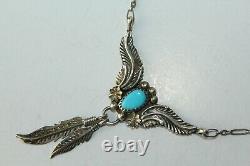 Vtg Sterling Marked C Yazzie Turquoise Navajo Leaf Feather Necklace Fnc