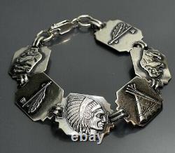 Vtg Sterling Silver 925 Native American Indian Figural Ethnic Link Bracelet 7.5
