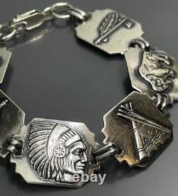 Vtg Sterling Silver 925 Native American Indian Figural Ethnic Link Bracelet 7.5