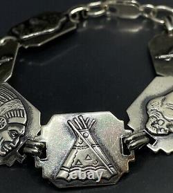 Vtg Sterling Silver 925 Native American Indian Figural Ethnic Link Bracelet 7.5