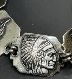 Vtg Sterling Silver 925 Native American Indian Figural Ethnic Link Bracelet 7.5