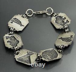 Vtg Sterling Silver 925 Native American Indian Figural Ethnic Link Bracelet 7.5