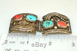 Vtg Sterling Silver Mens Southwestern Turquoise Coral Watch Band Tips Signed Tjw