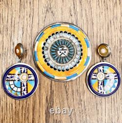 Vtg Sterling Silver Zuni Sunface Spiny Oyster Inlay Brooch/Pendant Earrings Set