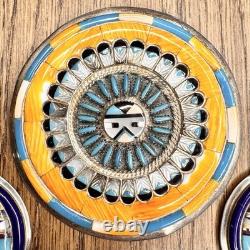 Vtg Sterling Silver Zuni Sunface Spiny Oyster Inlay Brooch/Pendant Earrings Set
