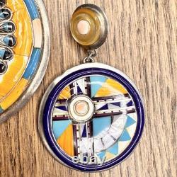 Vtg Sterling Silver Zuni Sunface Spiny Oyster Inlay Brooch/Pendant Earrings Set