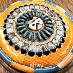 Vtg Sterling Silver Zuni Sunface Spiny Oyster Inlay Brooch/Pendant Earrings Set