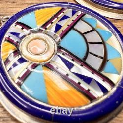 Vtg Sterling Silver Zuni Sunface Spiny Oyster Inlay Brooch/Pendant Earrings Set