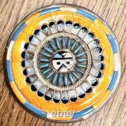 Vtg Sterling Silver Zuni Sunface Spiny Oyster Inlay Brooch/Pendant Earrings Set