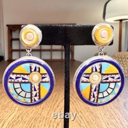 Vtg Sterling Silver Zuni Sunface Spiny Oyster Inlay Brooch/Pendant Earrings Set