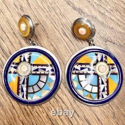 Vtg Sterling Silver Zuni Sunface Spiny Oyster Inlay Brooch/Pendant Earrings Set