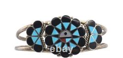 Vtg Sterling Silver and Stone Inlay Zuni Sunface Cuff, signed Delwin Gasper