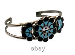 Vtg Sterling Silver and Stone Inlay Zuni Sunface Cuff, signed Delwin Gasper