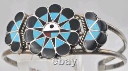 Vtg Sterling Silver and Stone Inlay Zuni Sunface Cuff, signed Delwin Gasper