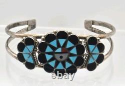 Vtg Sterling Silver and Stone Inlay Zuni Sunface Cuff, signed Delwin Gasper