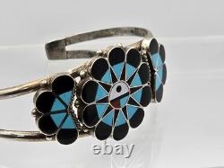 Vtg Sterling Silver and Stone Inlay Zuni Sunface Cuff, signed Delwin Gasper
