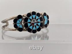 Vtg Sterling Silver and Stone Inlay Zuni Sunface Cuff, signed Delwin Gasper
