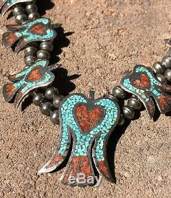 Vtg Turquoise Coral Thunderbird Peyote Sterling Silver Squash Blossom Necklace