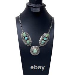 Vtg Turquoise Nugget Southwestern Navajo Statement Necklace Sterling Silver 18