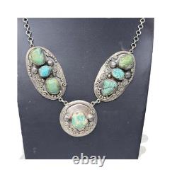 Vtg Turquoise Nugget Southwestern Navajo Statement Necklace Sterling Silver 18