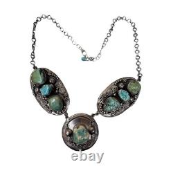 Vtg Turquoise Nugget Southwestern Navajo Statement Necklace Sterling Silver 18