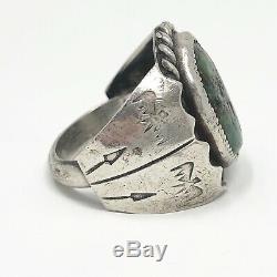 Vtg Turquoise Stamped Thunderbird Arrow Mans Ring Sz8.5 Sterling Navajo 13.2g