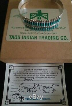 Vtg Zuni Artist Signed G Acque Needlepoint Turquoise Silver Cuff Bracelet 6.5