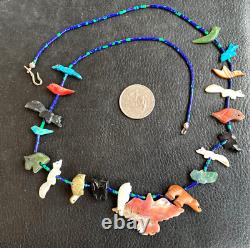Vtg. Zuni Indian Carved Heishi Bead EAGLE Bird Bear Turtle Multi Stone Necklace