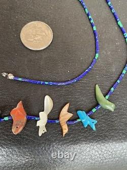 Vtg. Zuni Indian Carved Heishi Bead EAGLE Bird Bear Turtle Multi Stone Necklace