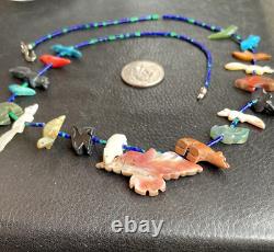 Vtg. Zuni Indian Carved Heishi Bead EAGLE Bird Bear Turtle Multi Stone Necklace