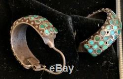 Vtg Zuni Native American Frank Dishta Channel Inlay Turquoise Hoop Earrings