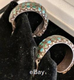 Vtg Zuni Native American Frank Dishta Channel Inlay Turquoise Hoop Earrings