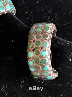 Vtg Zuni Native American Frank Dishta Channel Inlay Turquoise Hoop Earrings