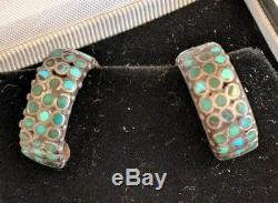 Vtg Zuni Native American Frank Dishta Channel Inlay Turquoise Hoop Earrings