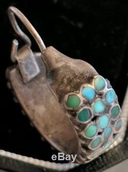 Vtg Zuni Native American Frank Dishta Channel Inlay Turquoise Hoop Earrings