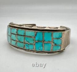 Vtg Zuni Sterling Silver Blue Turquoise 3 Row Flush Inlay Cuff Bracelet 38.5g