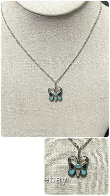 Vtg Zuni Sterling Silver Multi Stone Inlay Butterfly Pendant Necklace 18 Figaro