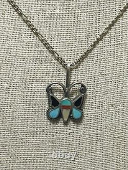 Vtg Zuni Sterling Silver Multi Stone Inlay Butterfly Pendant Necklace 18 Figaro