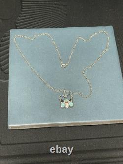 Vtg Zuni Sterling Silver Multi Stone Inlay Butterfly Pendant Necklace 18 Figaro