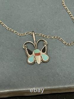 Vtg Zuni Sterling Silver Multi Stone Inlay Butterfly Pendant Necklace 18 Figaro