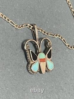 Vtg Zuni Sterling Silver Multi Stone Inlay Butterfly Pendant Necklace 18 Figaro