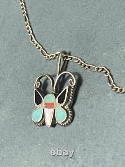 Vtg Zuni Sterling Silver Multi Stone Inlay Butterfly Pendant Necklace 18 Figaro
