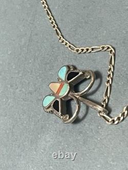 Vtg Zuni Sterling Silver Multi Stone Inlay Butterfly Pendant Necklace 18 Figaro