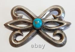Weighty Vintage Native American Sandcast Silver Turquoise Pin Brooch