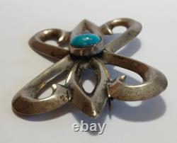 Weighty Vintage Native American Sandcast Silver Turquoise Pin Brooch