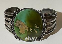 Wide 1930's Vintage Navajo Indian Silver Huge Green Turquoise Cuff Bracelet