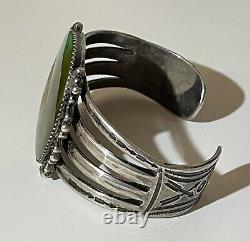 Wide 1930's Vintage Navajo Indian Silver Huge Green Turquoise Cuff Bracelet