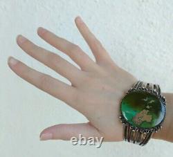 Wide 1930's Vintage Navajo Indian Silver Huge Green Turquoise Cuff Bracelet